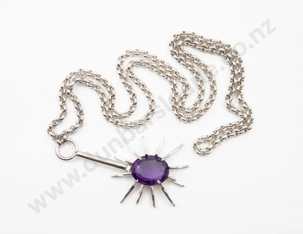 Unmarked Modern Design S/S and Amethyst Pendant on Trace Link Chain Image 1++