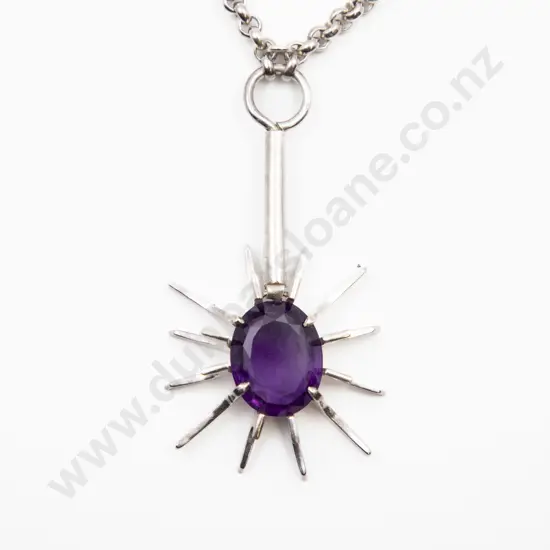 Unmarked Modern Design S/S and Amethyst Pendant on Trace Link Chain