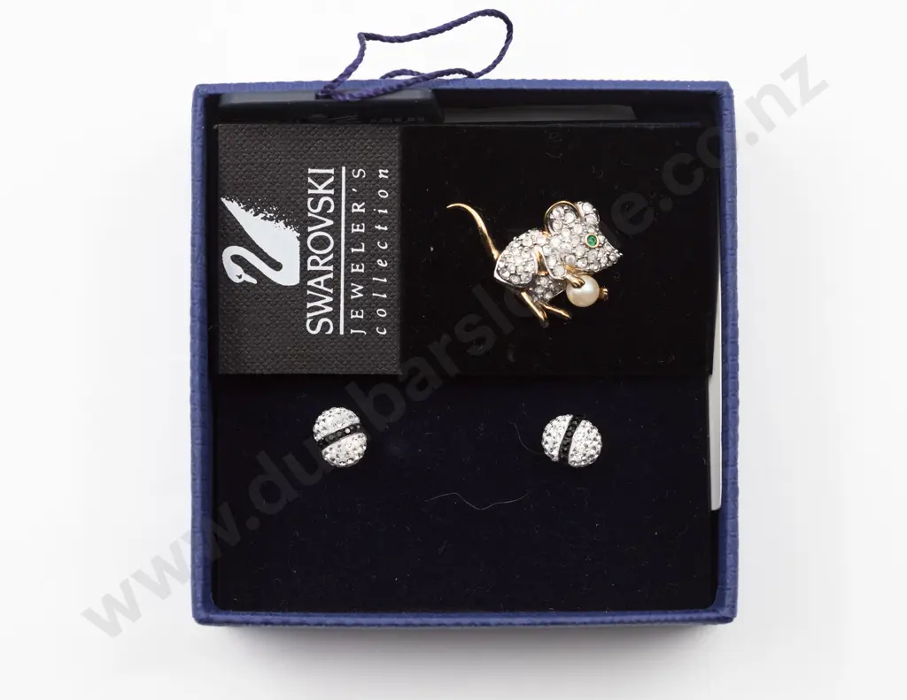 Boxed Swarovski 'Ball' Stud Earrings and Mouse Lapel Pin Image 1++