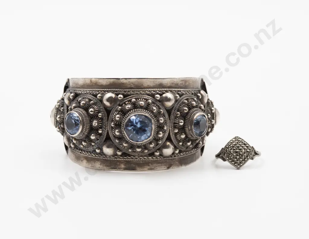 Vintage Siam Sterling Silver Fancy Cuff Bangle and Marcasite Ring Image 1++
