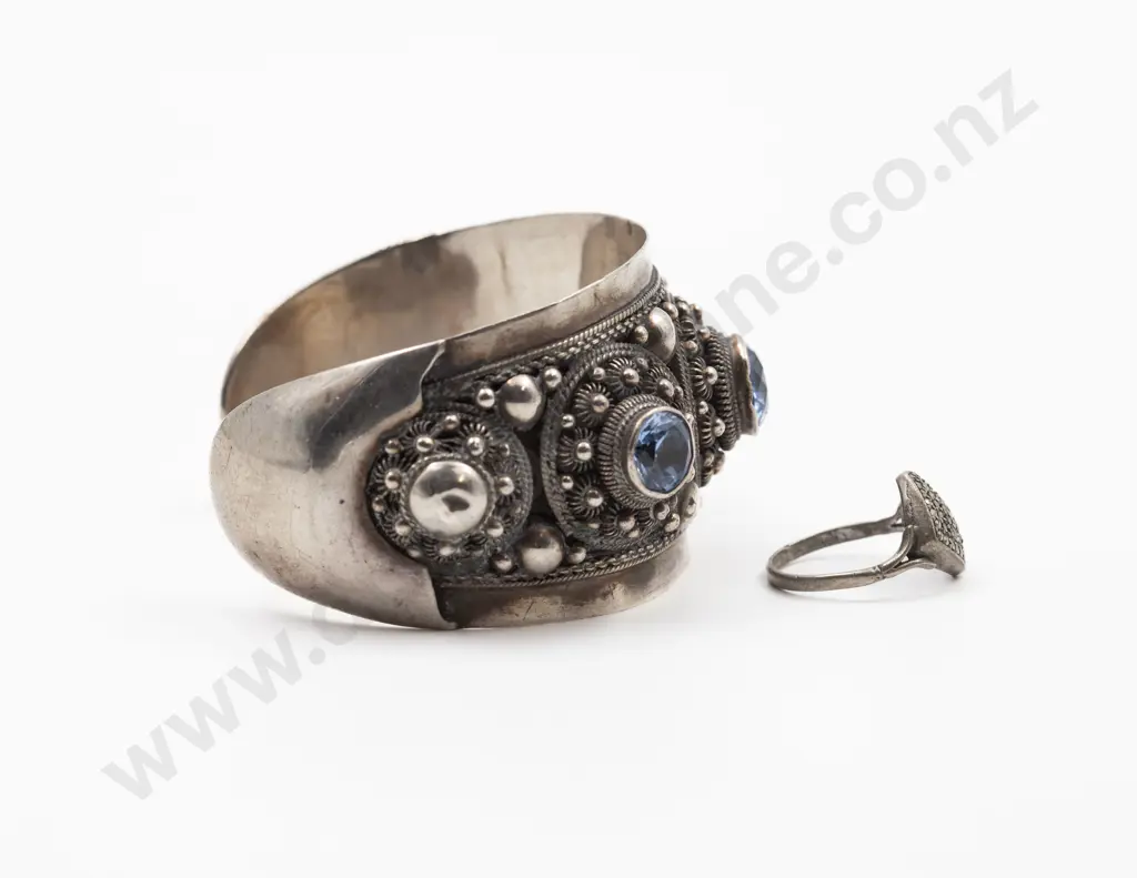 Vintage Siam Sterling Silver Fancy Cuff Bangle and Marcasite Ring Image 1++