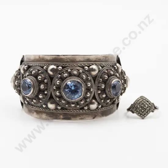Vintage Siam Sterling Silver Fancy Cuff Bangle and Marcasite Ring