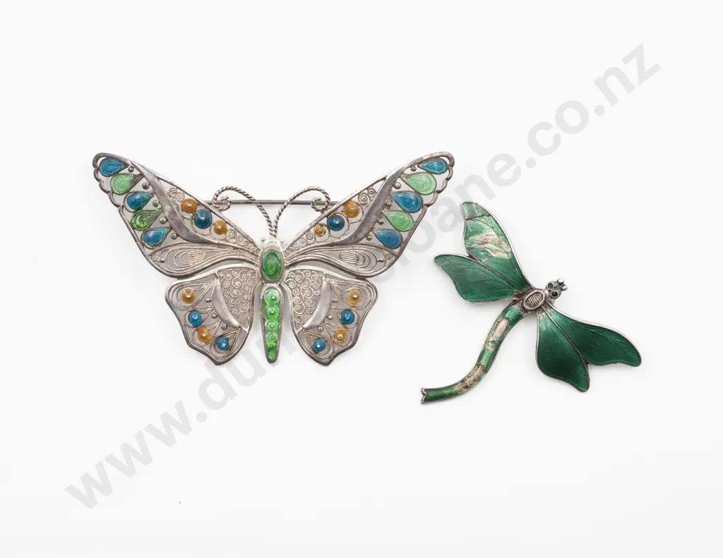 German Sterling Silver Filigree and Enamel Butterfly Brooch Image 1++