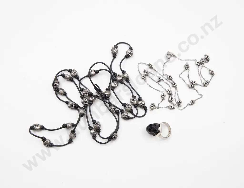 Two .925 Silver Skull Bead Necklaces and Skull Ring Image 1++