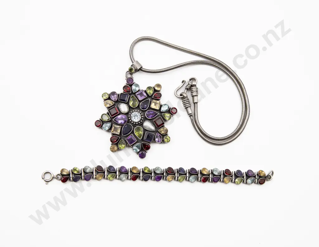 .925 Silver and Multi-Germ Star Burst Pendant On Neck Chain with Bracelet Image 1++