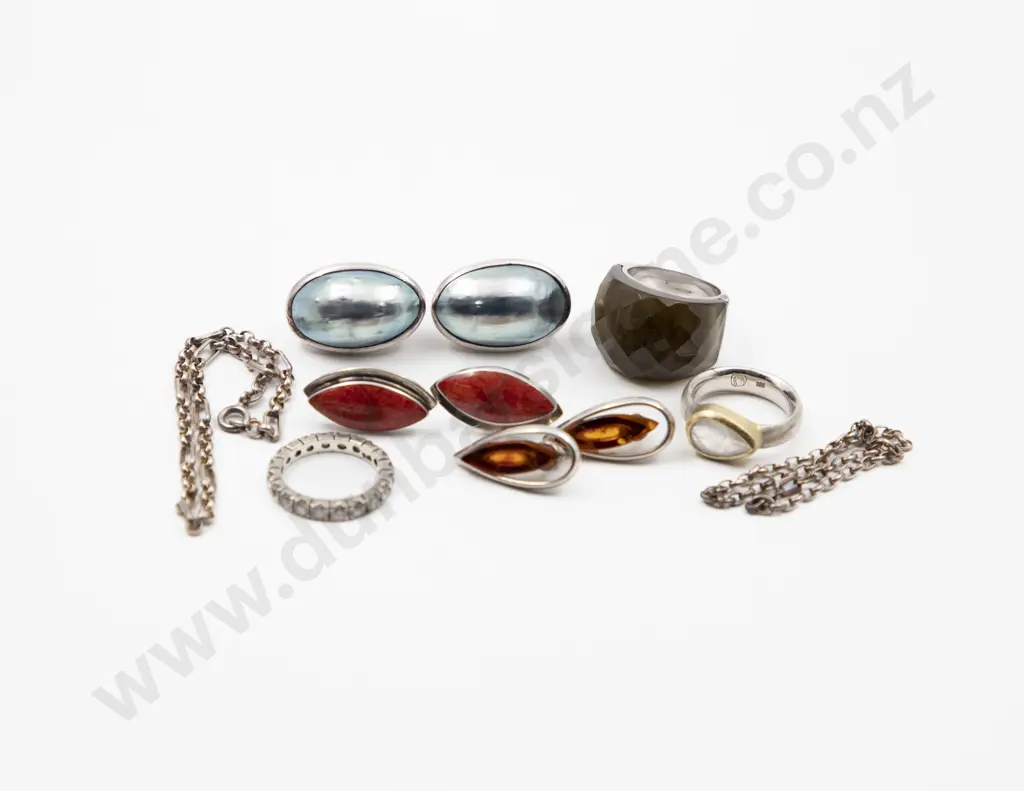 Three .925 Fine Silver Chain Bracelets with three rings and three pair earrings Image 1++