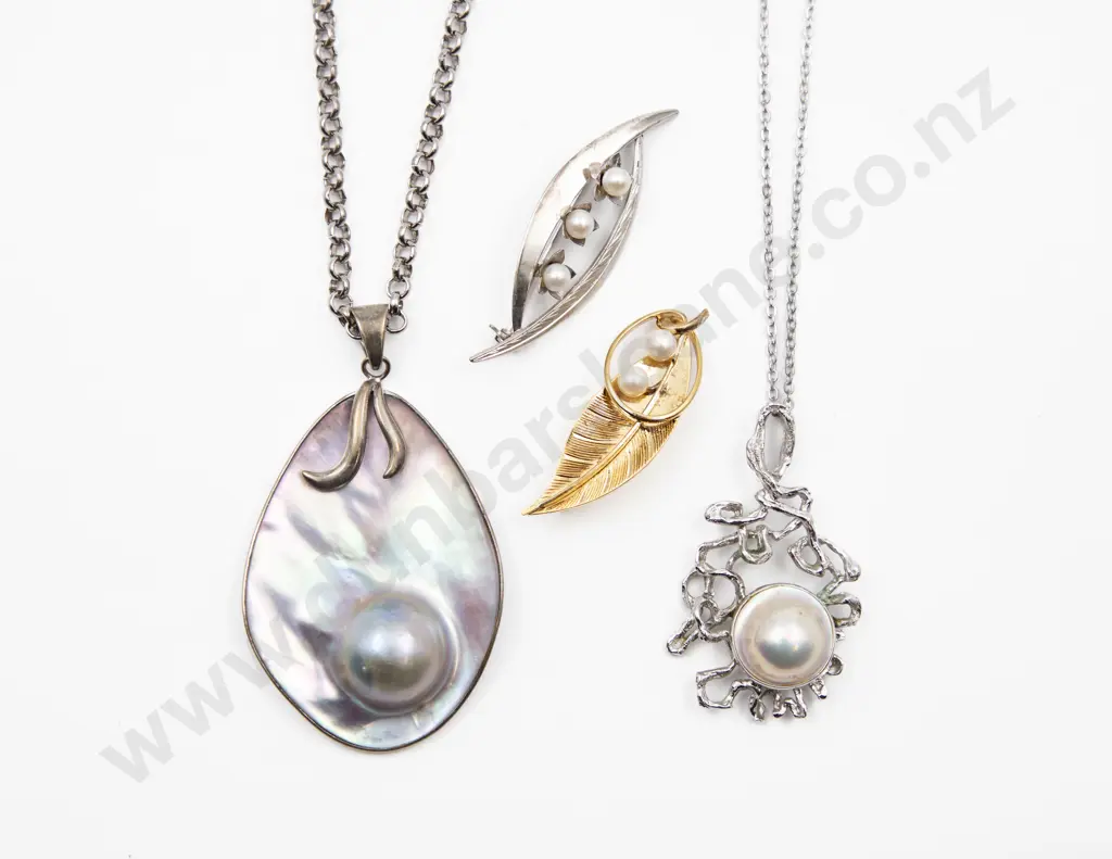 Two S/S and Cultured Pearl Leaf Spray Brooches Image 1++