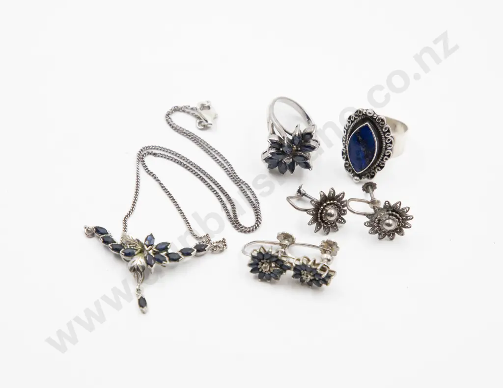 .925 Silver and Native Cut Sapphire Cluster Ring with pendant two pair earrings and other ring Image 1++