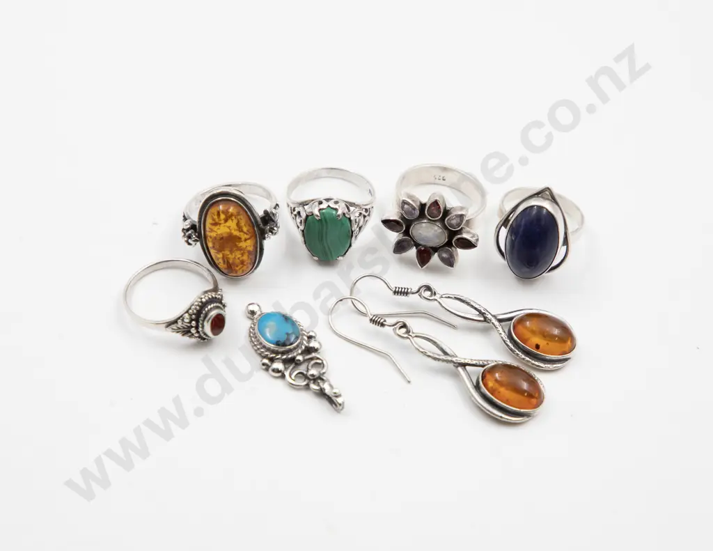 .925 Silver Five Gem Set Rings and Pair Amber Earrings Image 1++