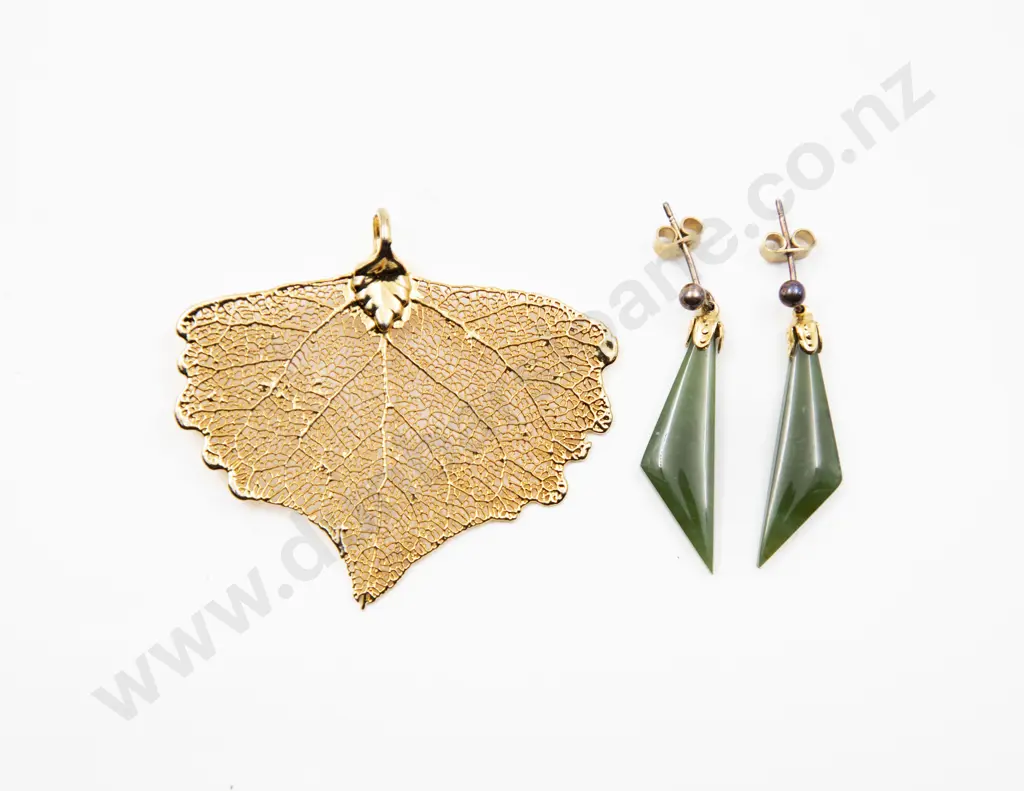 Pair Greenstone Pendant Earrings and Gold Metal Leaf Pendant Image 1++