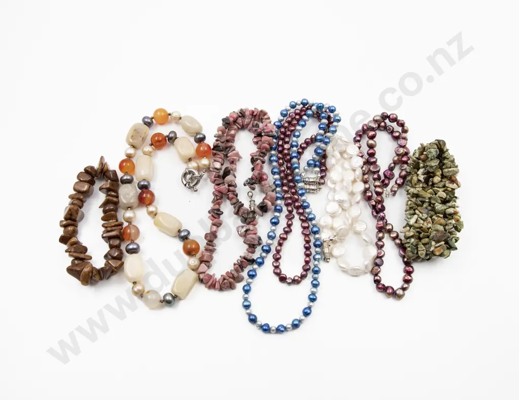 Four Coloured Fresh Water Pearl Necklaces with Two Agate Bead Necklaces and Two Bangles Image 1++