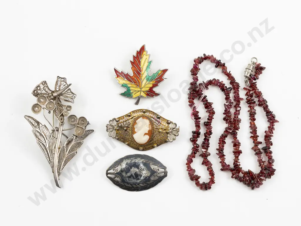 Four Various Silver Brooches and Garnet Bead Necklace Image 1++