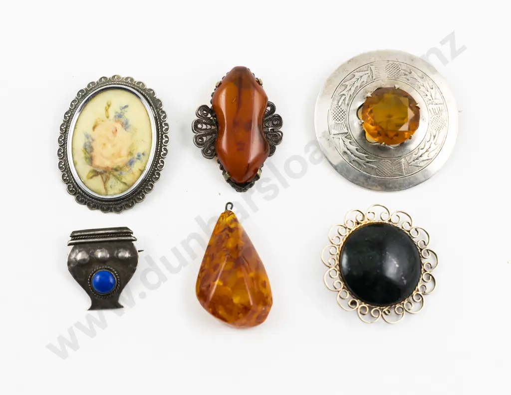 Two Amber Pendants with Four Various Brooches Image 1++