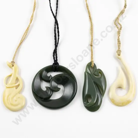 Maori Design Two Greenstone and Two Bone Pendants