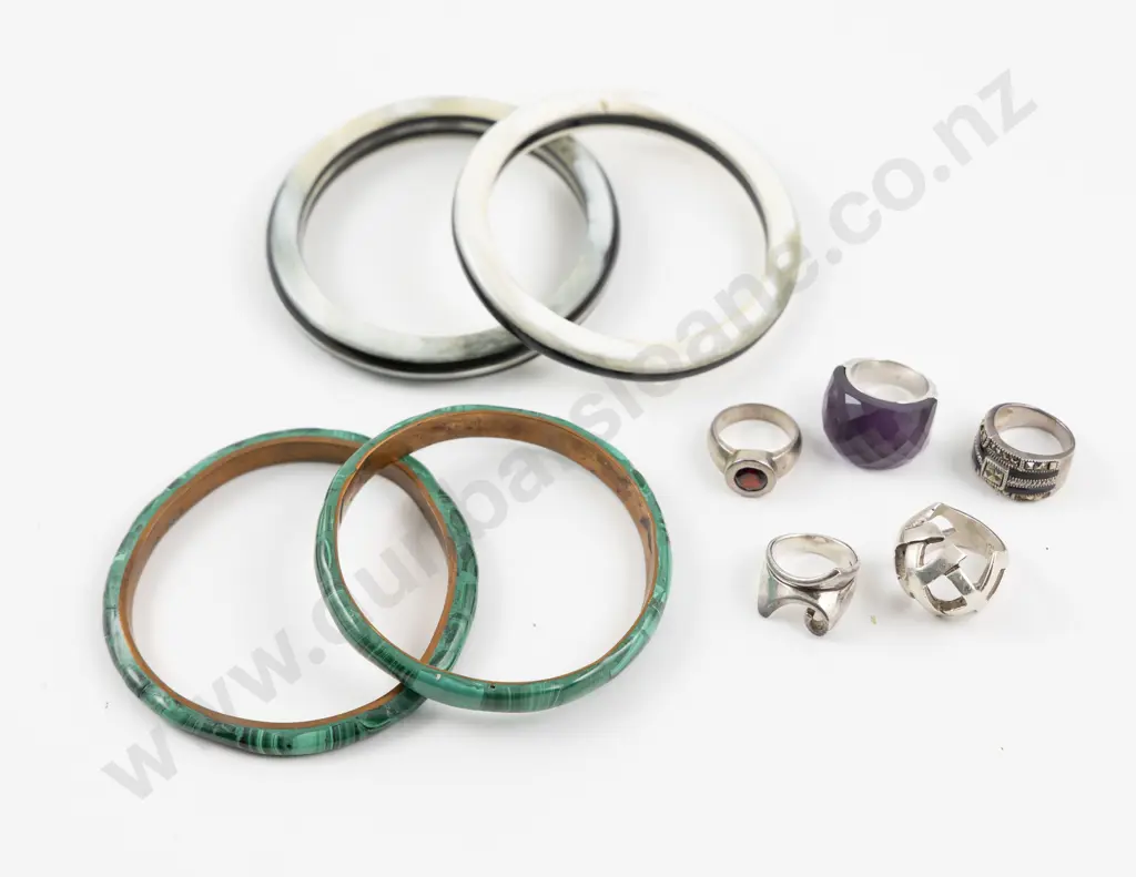 Two Malachite and Pair Horn Bangles with Five Silver Rings Image 1++
