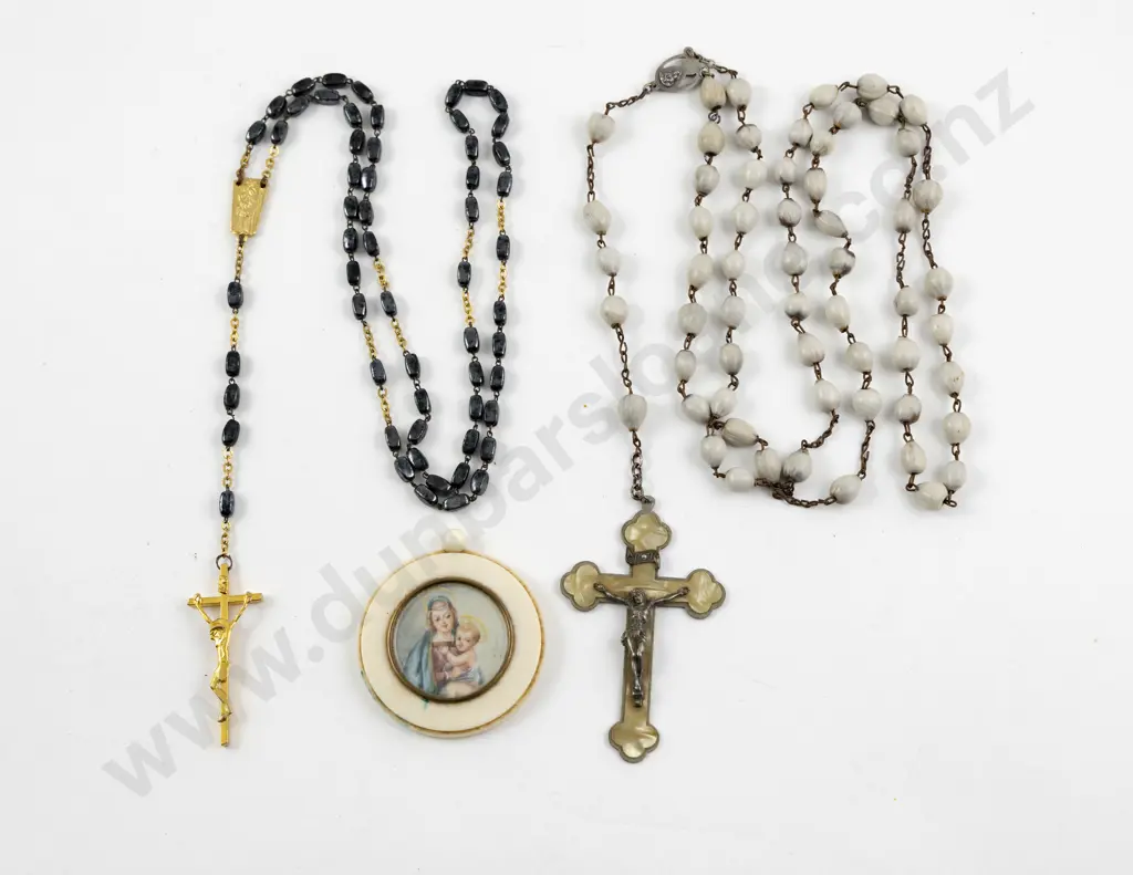 Two Rosary and Ivory Framed Portrait Miniature of Madonna and Child Image 1++