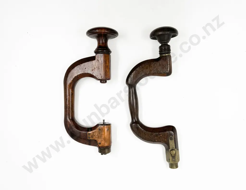 Two Vintage Wooden Drill Bit Braces Image 1++
