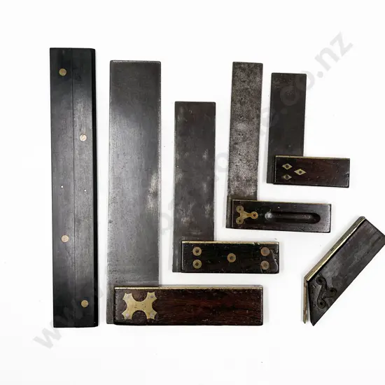 Box with Four Rosewood Handled Angles & Ebonised Parallel Rule