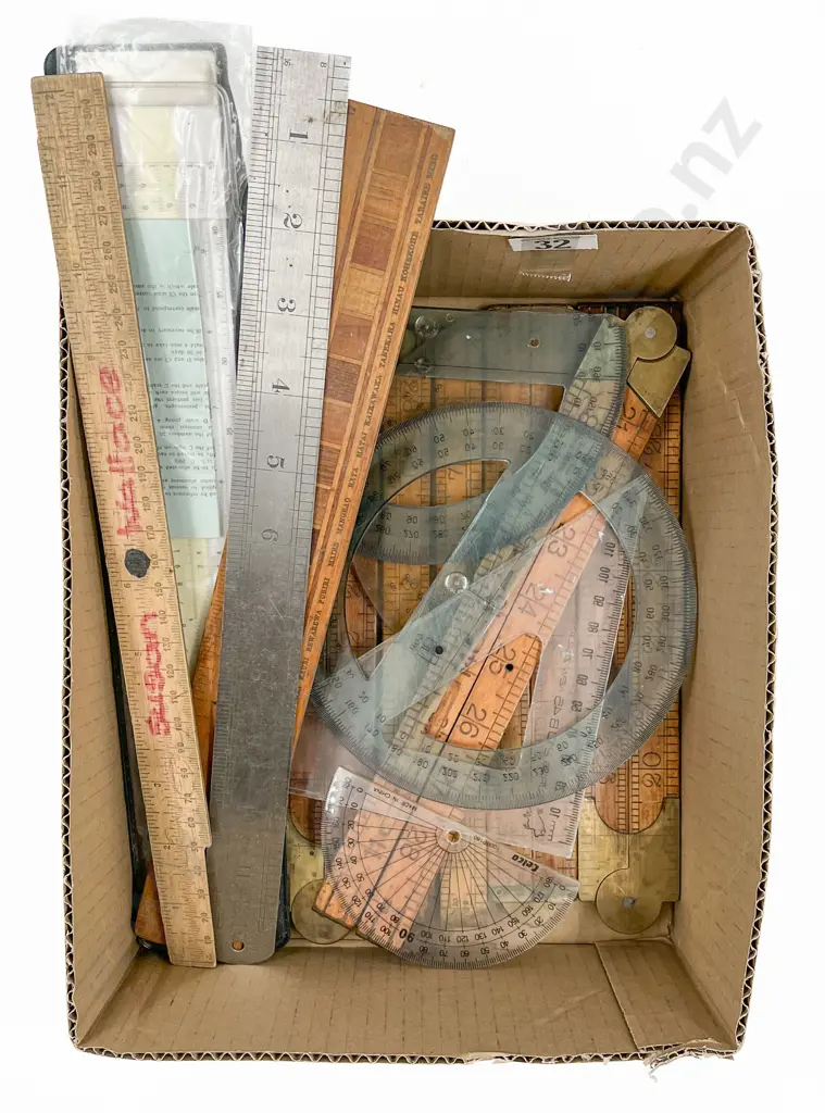 Box with Assorted Rulers including Five Folding Boxwood Examples Image 1++