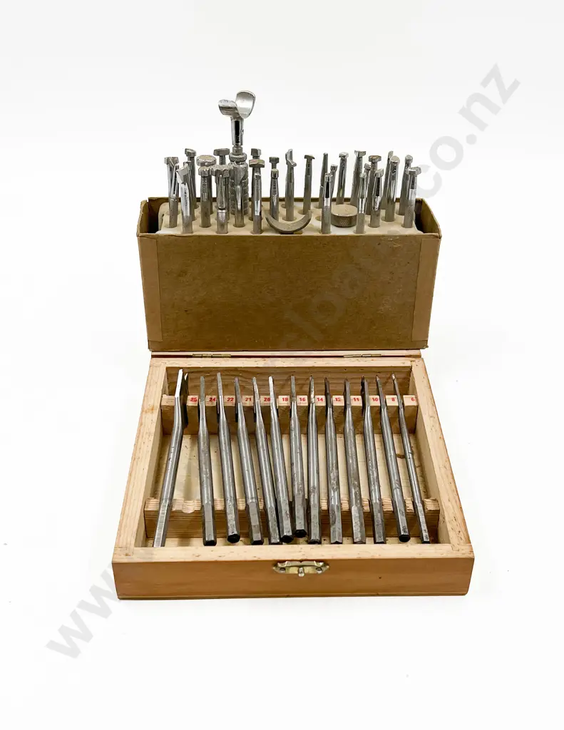 Cased Set of Thirteen Drill Bits & Box of Assorted Leatherwork Tools Image 1++