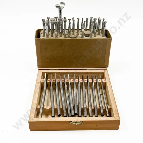 Cased Set of Thirteen Drill Bits & Box of Assorted Leatherwork Tools