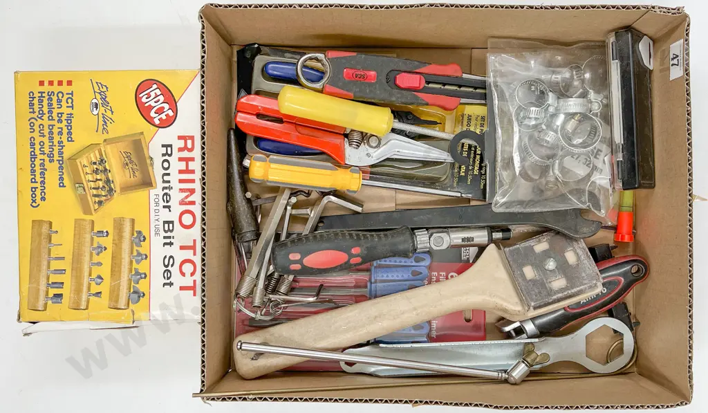 Box with Mixed Tools Including Router Bit Set Image 1++