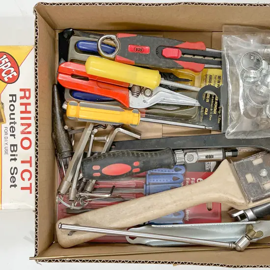 Box with Mixed Tools Including Router Bit Set