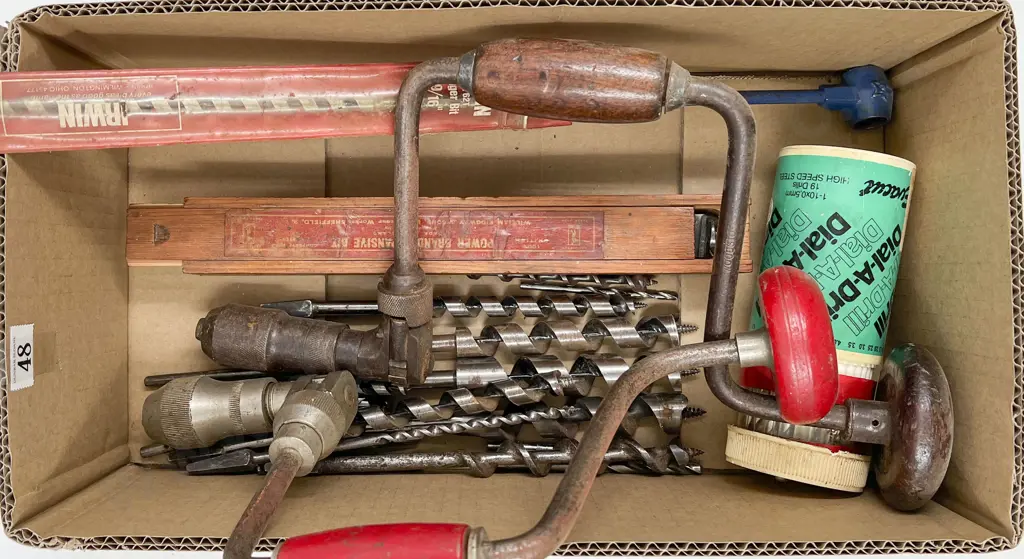 Box with Two Brace Drill Bits & Various Drills Image 1++