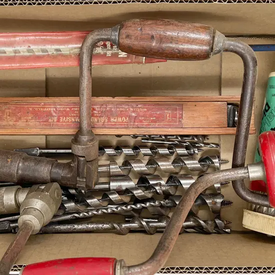 Box with Two Brace Drill Bits & Various Drills