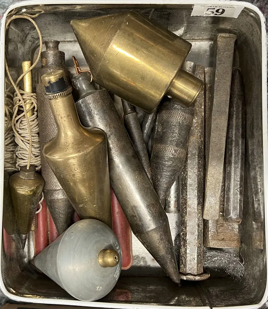 A Small Tin of Brass & Steel Plumb Bobs etc Image 1++