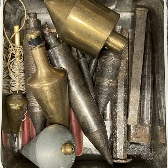 A Small Tin of Brass & Steel Plumb Bobs etc