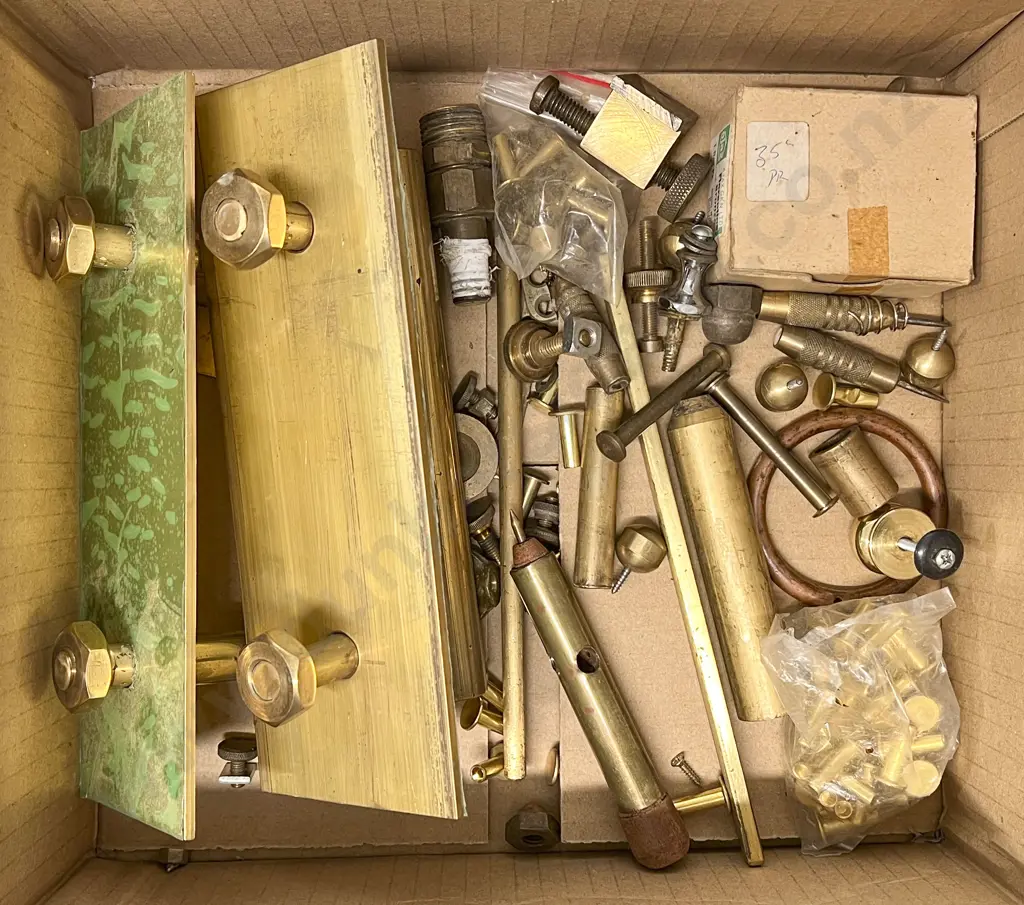 Box of Mixed Brass Ware Including Two Door Handles Image 1++
