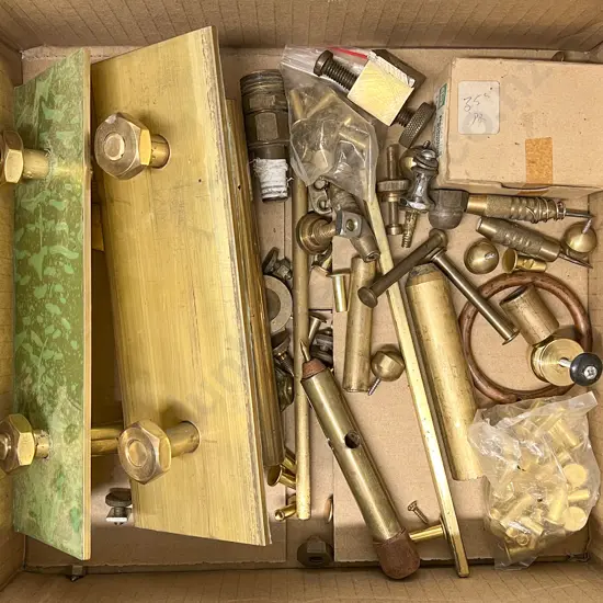 Box of Mixed Brass Ware Including Two Door Handles