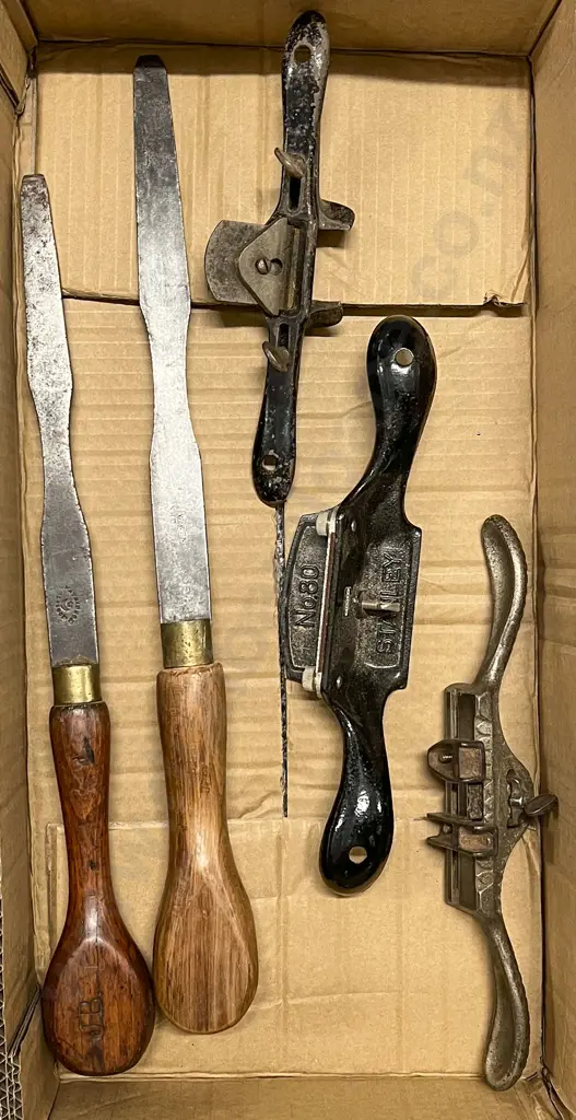 Box with Two Large Vintage Chisels & Three Steel Planes Image 1++
