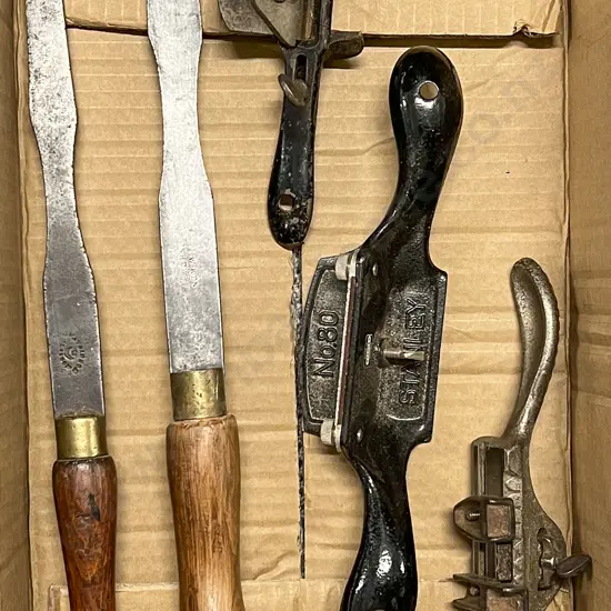 Box with Two Large Vintage Chisels & Three Steel Planes