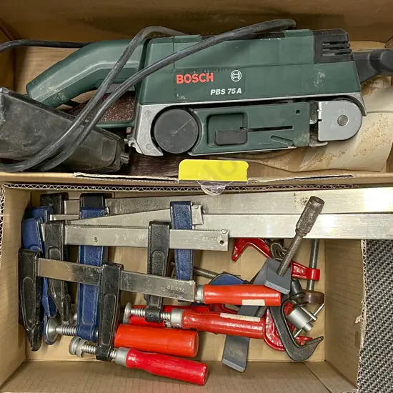 Bosch Belt Sander & Box of Assorted Steel Clamps