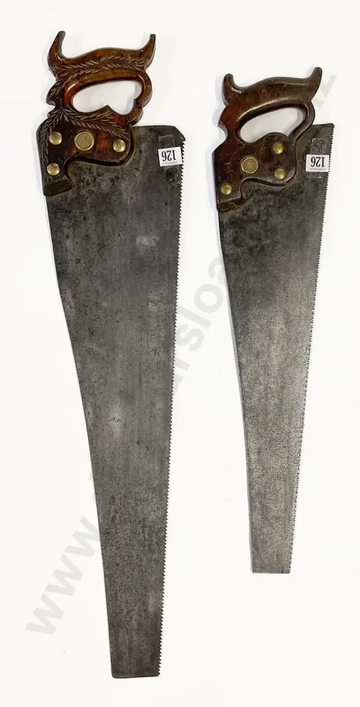 Two Vintage Wooden Handled Saws Image 1++