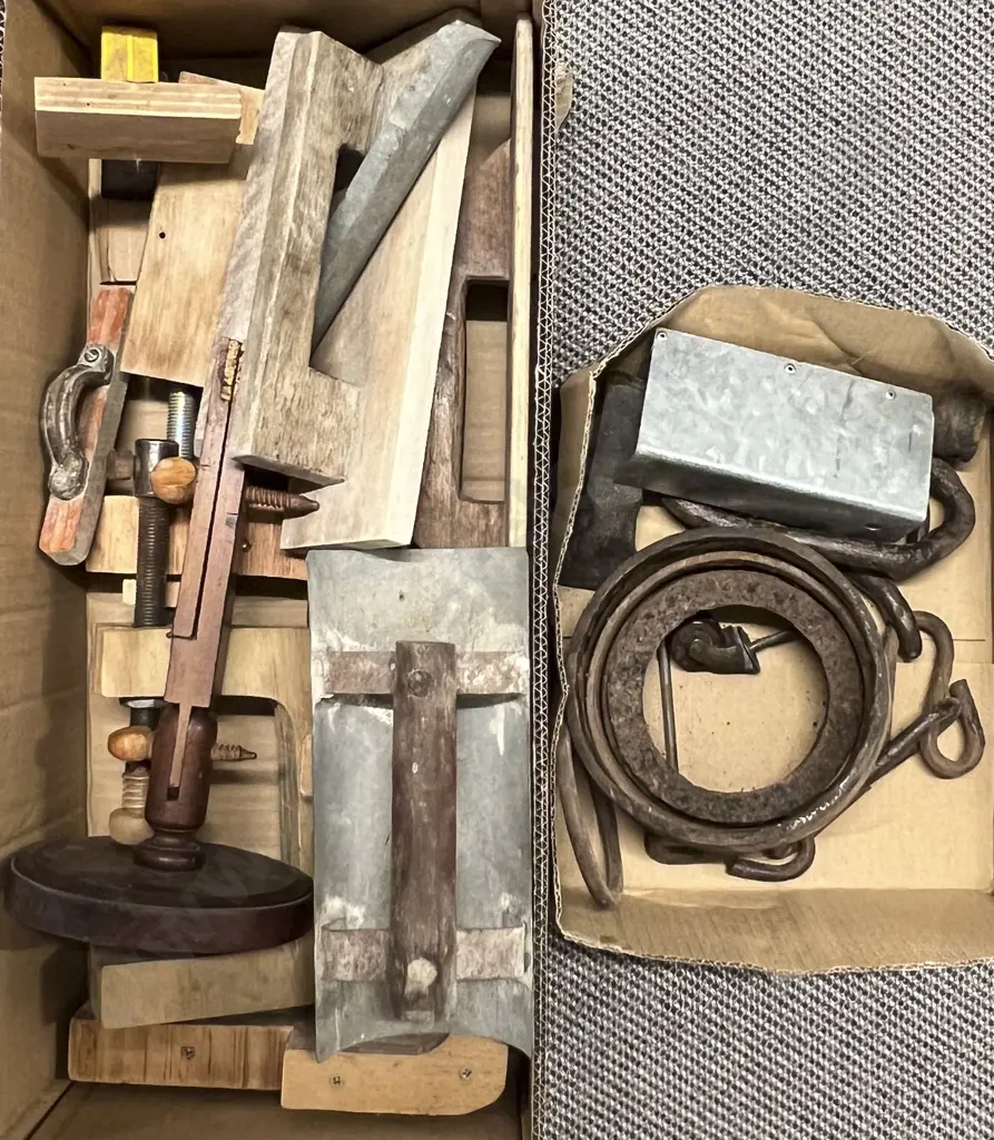 Two Boxes of Wooden Tools & Metal Oddments Image 1++