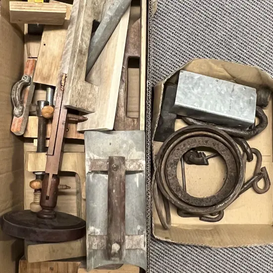 Two Boxes of Wooden Tools & Metal Oddments