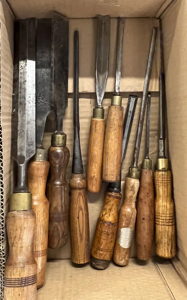 Box of Vintage Wooden Handled Chisels Image 1++