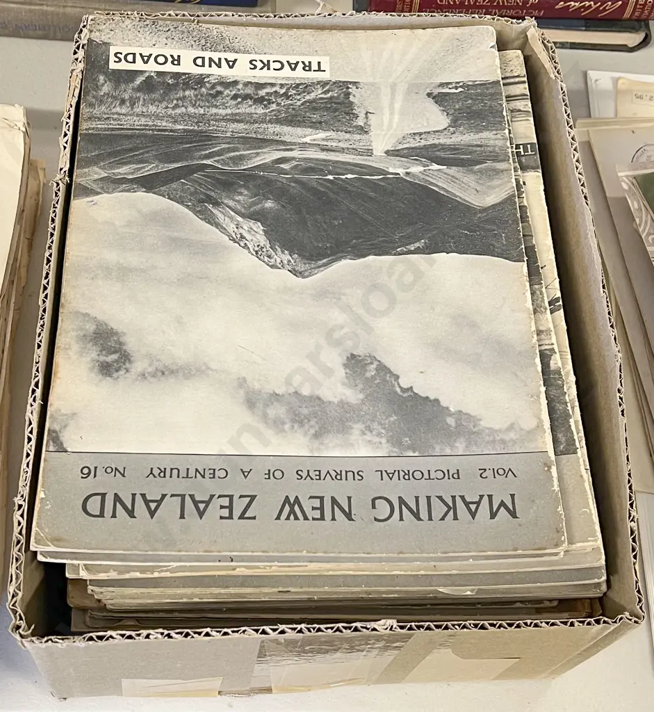 Three Books including 'White's Airviews of New Zealand' and Box of Pictorial Magazines Image 1++