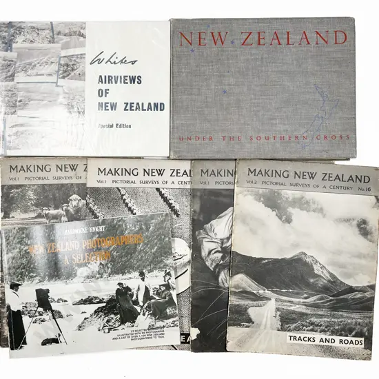 Three Books including 'White's Airviews of New Zealand' and Box of Pictorial Magazines