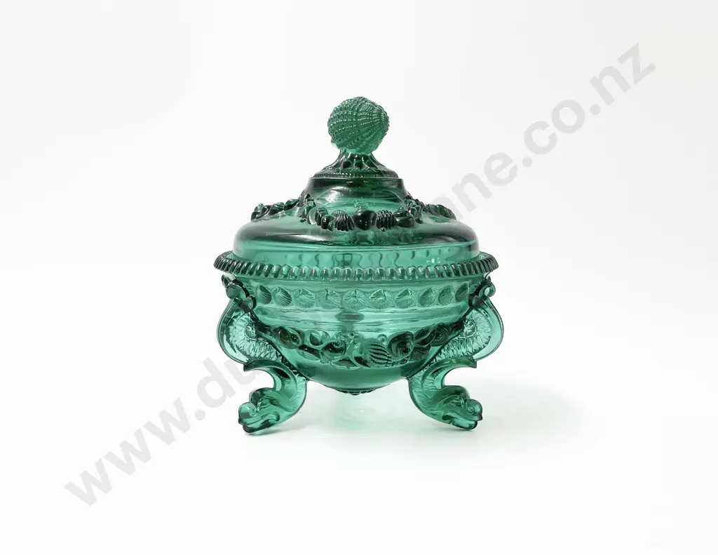 Emerald Green Pressed Glass Three-Footed Powder Bowl Image 1++