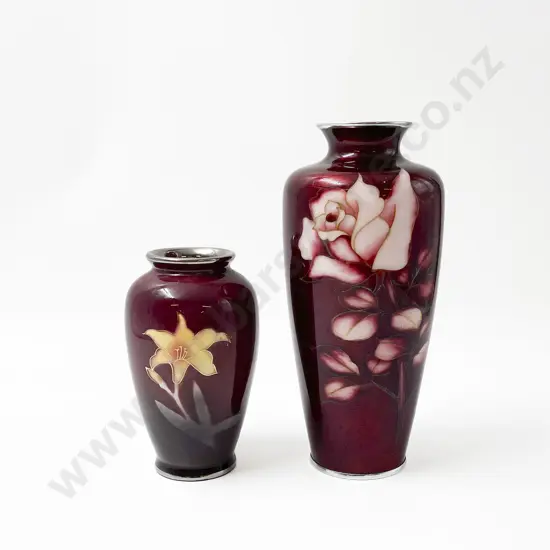 Two Red Floral Wireless Cloisonné Vases