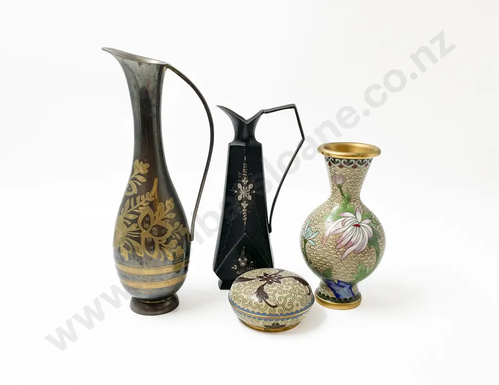 Wired Cloisonné Vase & Trinket Box with Two Metal Ewers Image 1++
