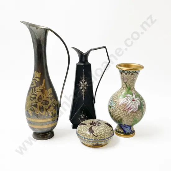 Wired Cloisonné Vase & Trinket Box with Two Metal Ewers