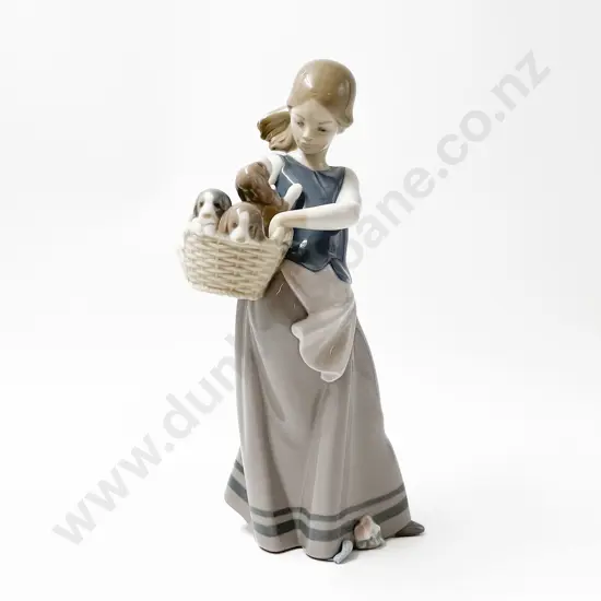 Llardró Porcelain Girl with Basket of Puppies Figure