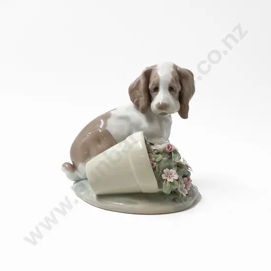 Llardró Porcelain Spaniel Dog with Spilt Bucket of Flowers Figure
