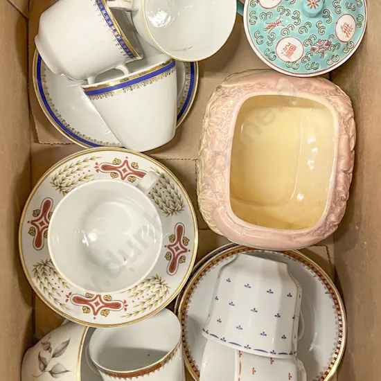 Various Teacups and Saucers with Other Pottery and Two Royal Dux Figures