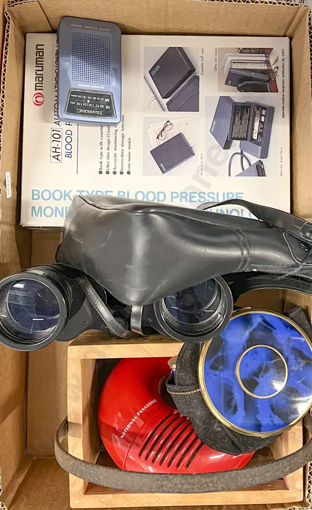 Box of Various Incl. Binoculars and Radio Image 1++